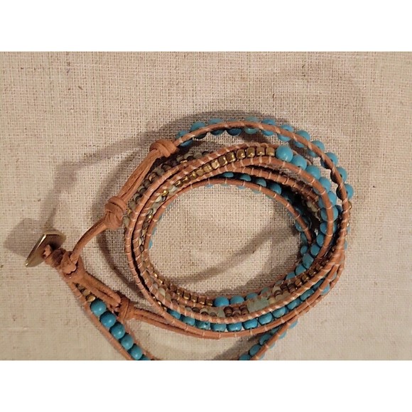 NAKAMOL Beaded Leather Wrap Bracelet Necklace Turquoise Earth Gold tones to 36" - Picture 8 of 8